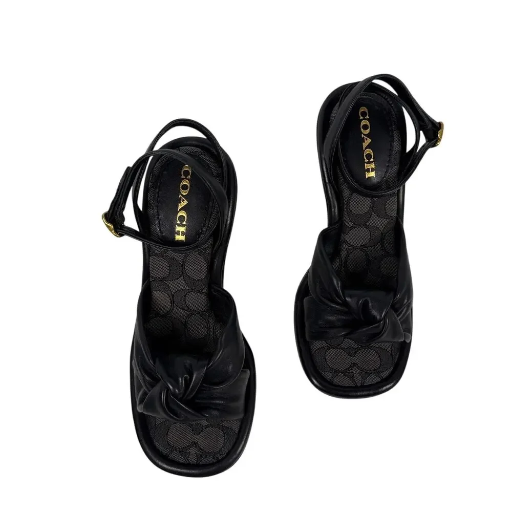Coach Quincey Black Leather Heeled Sandals Womens 7 B Top Knot Comfort Jacquard - Picture 13 of 15